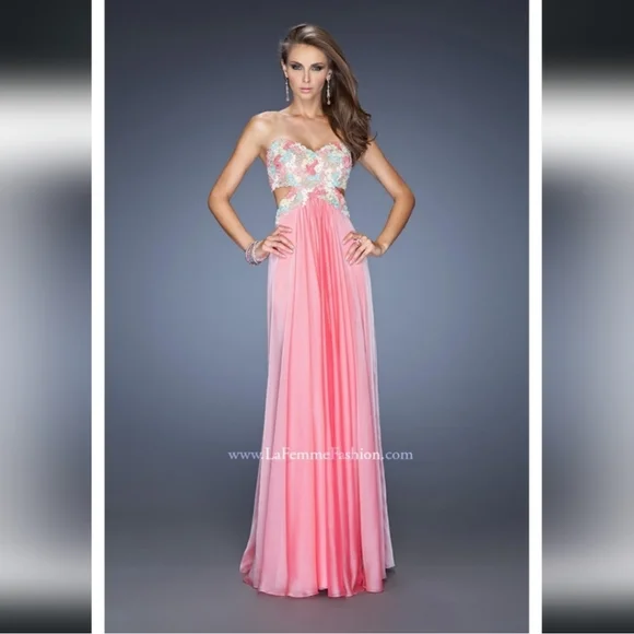 La Femme Embroidered Lace Floral Appliqué Sequins Chiffon Formal Gown Size 0 - Picture 6 of 9